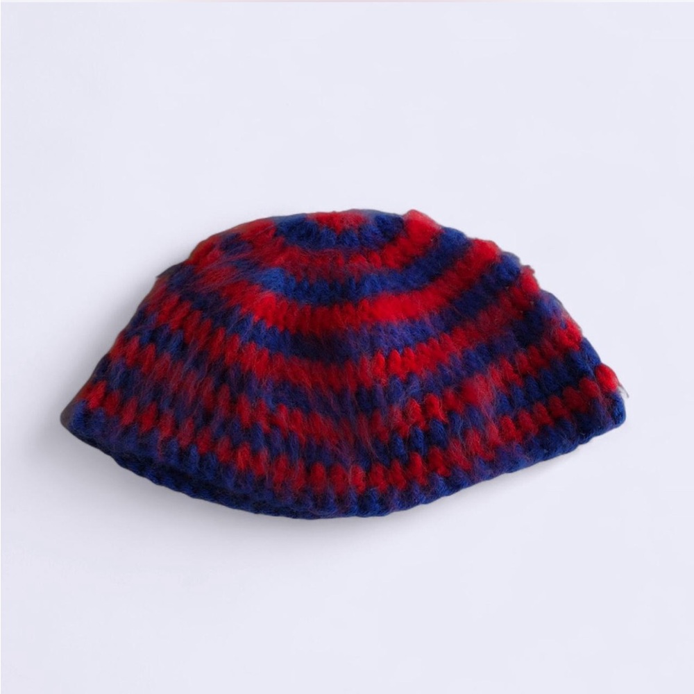 crochet fuzzy blue and red striped skull cap beanie HANDMADE